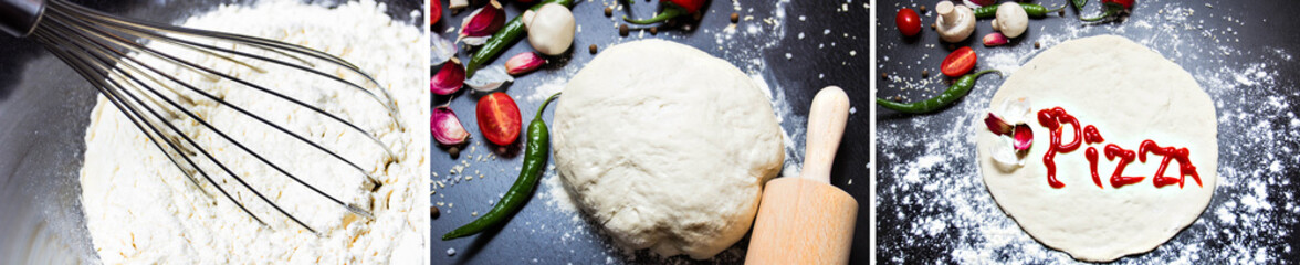concept cooking dough for pizza. vegetables rolled dough rolling pin on a dark background
