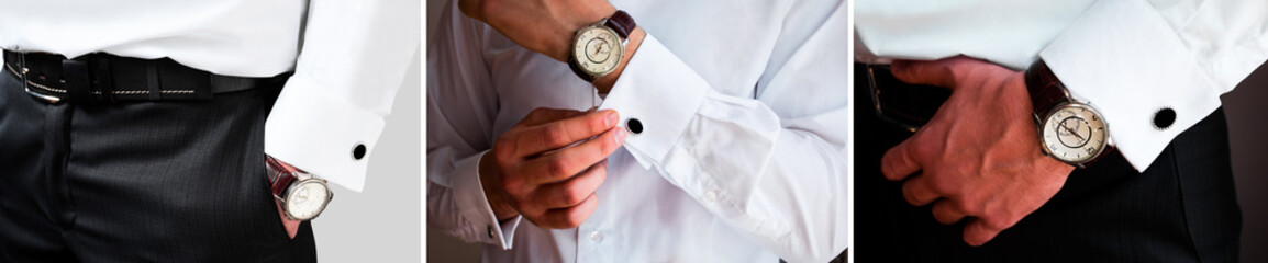 Male hands on a background of a white shirt, sleeve shirt with cufflinks and watches, photographed...