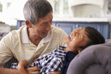 Fototapeta premium Grandfather And Grandson Relaxing On Sofa At Home