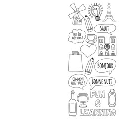 Online french courses Language school Vector set of doodle icons