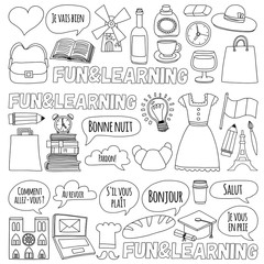 Online french courses Language school Vector set of doodle icons