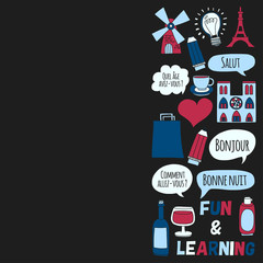 Online french courses Language school Vector set of doodle icons