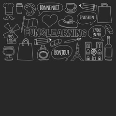 Online french courses Language school Vector set of doodle icons