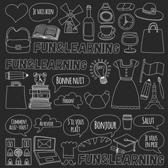 Online french courses Language school Vector set of doodle icons