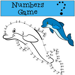 Educational games for kids: Numbers game with contour. Little cute dolphin jumps out of the water and smiles.