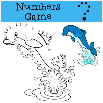 Educational games for kids: Numbers game. Little cute dolphin jumps out of the water and smiles.