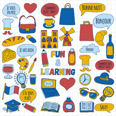 Online french courses Language school Vector set of doodle icons