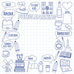 Online french courses Language school Vector set of doodle icons