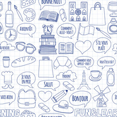 Online french courses Language school Vector set of doodle icons