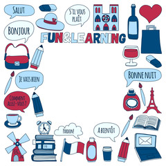 Online french courses Language school Vector set of doodle icons