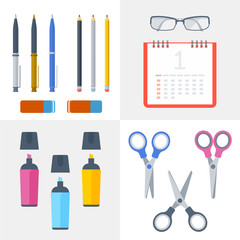 Office and school workplace supplies set. Vector flat illustration of stationery. Isolated on white background objects and tools. Business and education workspace equipment. Web infographic elements.
