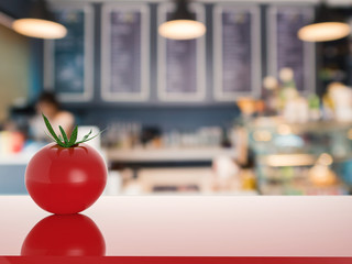 tomato on counter with kitchen background