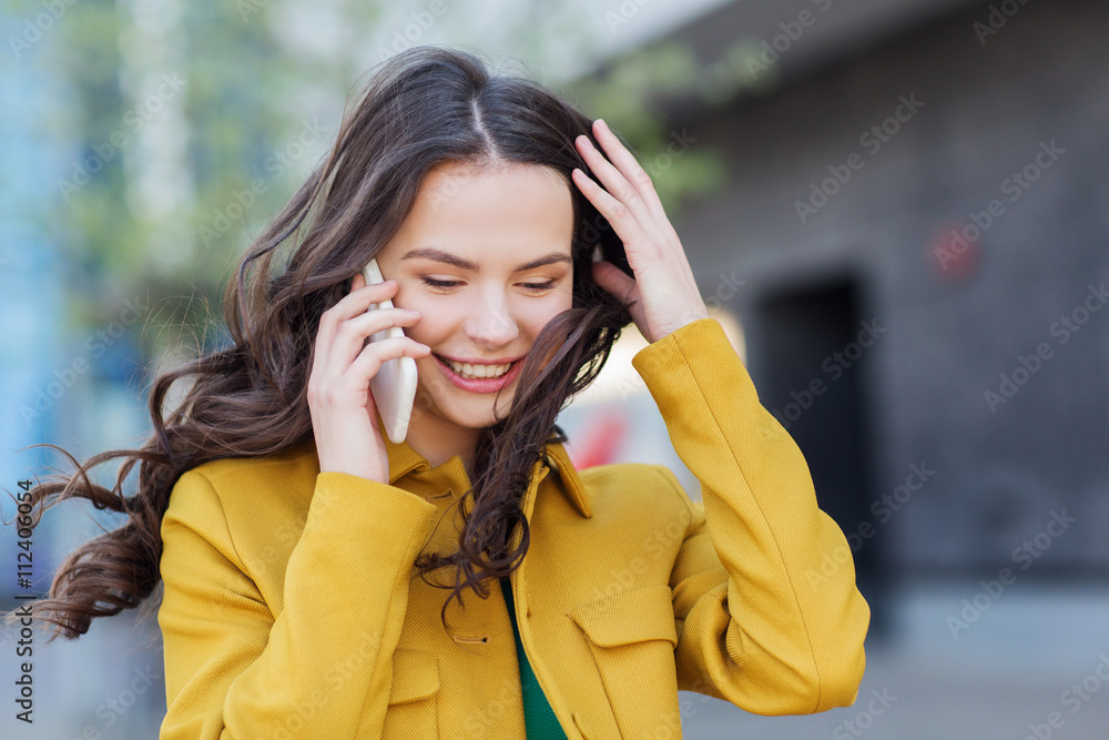 Sticker smiling young woman or girl calling on smartphone