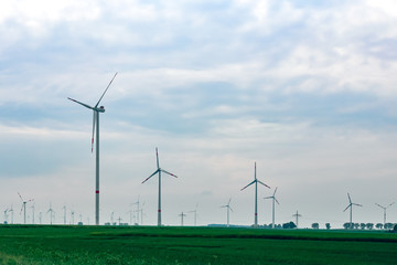 Lots of windmills on a green field.Windmills for electric eco power production.Big windmills for renewable electric energy production.