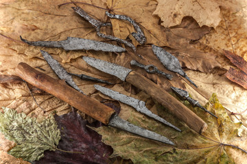 Iron household items of people of the fourteenth century: five knives, four tips of arrows, scissors, decorative overlay for a bag and big fishing hook.