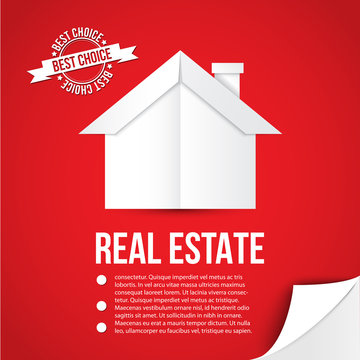 White paper house on red background. Concept for corporate identity or web banner. Minimalist style.