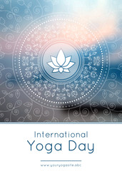 Vector yoga illustration. Template of poster for International Yoga Day. Flyer for 21 June, Yoga day. Lotus on an ethnic pattern background. Linear design. Trendy yoga poster, banner.