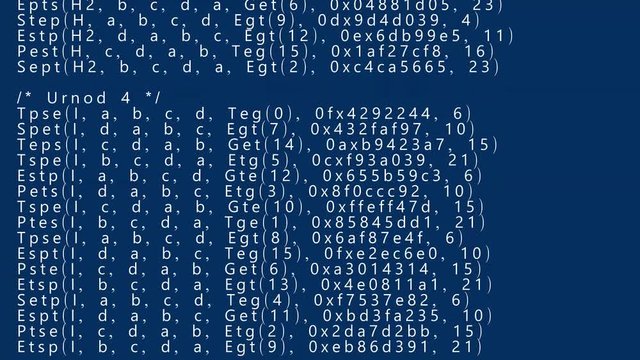 A 4K animation of source code scrolling down (scrambled text from public domain). White characters on blue background. Use it as is or as a texture / abstract, map it, overlay it, etc.