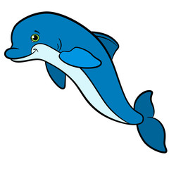 Cartoon animals for kids. Little cute dolphin jumps.