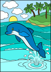 Cartoon animals for kids. Little cute dolphin jumps out of the water and smiles. There is an island with palms behind him.