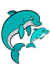 Cartoon animals for kids. Mother dolphin swims with her little cute baby dolphin.