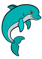 Cartoon animals for kids. Little cute dolphin swims.