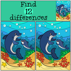 Naklejka premium Children games: Find differences. Mother dolphin swims underwater with her little cute baby dolphin.