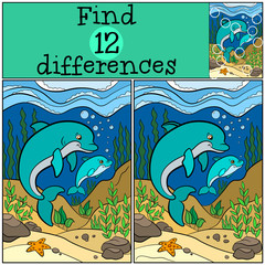 Naklejka premium Children games: Find differences. Mother dolphin swims underwater with her little cute baby dolphin.