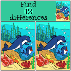 Children games: Find differences. Mother dolphin swims underwater with her little cute baby dolphin.