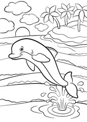 Coloring pages. Marine wild animals. Little cute dolphin jumps out of the water and smiles.