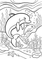 Coloring pages. Marine wild animals. Mother dolphin swims underwater with her little cute baby dolphin.