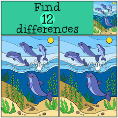 Naklejka premium Children games: Find differences. Group of little cute dolphins jumps out of the water and smiles.