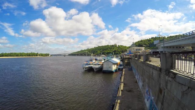 River station with boats on the Dnieper in Kyiv