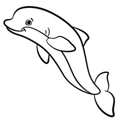 Coloring pages. Marine wild animals. Little cute dolphin jumps.