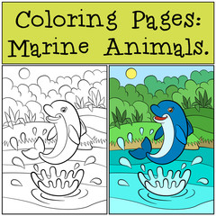 Coloring Pages: Marine Animals. Little cute dolphin jumps out of the water. There is an island with bushes and grass behind him.