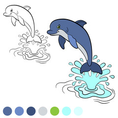 Coloring page. Color me: dolphin. Little cute dolphin jumps out of the water and smiles.