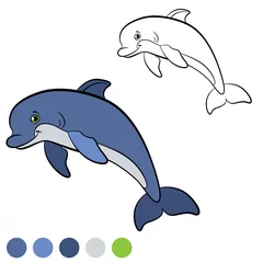 Foto op Plexiglas Coloring page. Color me: dolphin. Little cute dolphin jumps and smiles. © ya_mayka