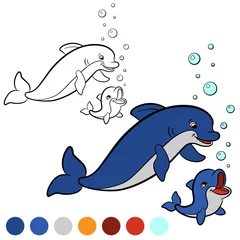Tuinposter Coloring page. Color me: dolphin. Mother dolphin swims with her little cute baby dolphin and smiles. © ya_mayka