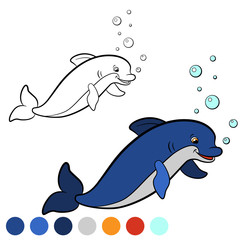 Coloring page. Color me: dolphin. Little cute dolphin swims and smiles.