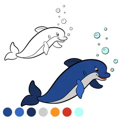Foto op Canvas Coloring page. Color me: dolphin. Little cute dolphin swims and smiles. © ya_mayka