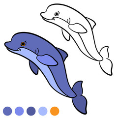 Coloring page. Color me: dolphin. Little cute dolphin jumps and smiles.