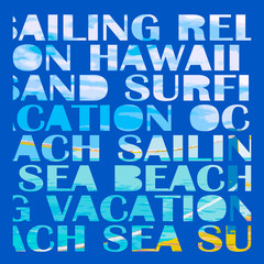 Vector illustration of words stamps silhouette with text: hawaii, surfing, beach, sea, ocean. Pier or jetty in summer day with white clouds as a background. EPS10