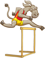 Determined donkey wearing red tank and yellow shorts, feeling courageous and making a big effort while running and jumping over a hurdle