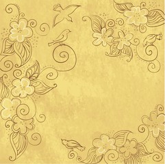 Background texture in old paper with floral ornament and birds