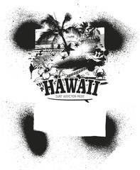 beauty hawaiian summer banner with beach and surfer riding a wave