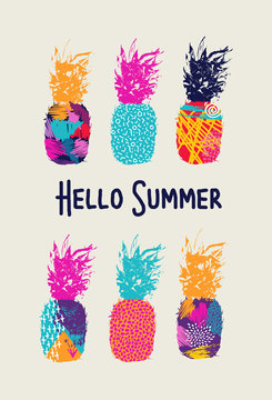Hello summer color pineapple design in 80s style