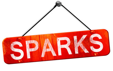 sparks, 3D rendering, a red hanging sign
