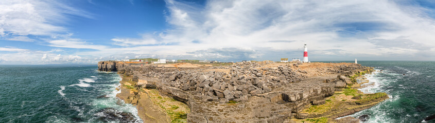 A panorama photograph of Portland Bill from Pulpit Rock.