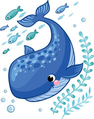 Fototapeta premium Cartoon young whale surrounded by small sea fish, seaweed and air bubbles. Vector illustration in cartoon style for summer sea theme.
