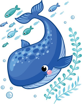 Cartoon young whale surrounded by small sea fish, seaweed and air bubbles. Vector illustration in cartoon style for summer sea theme.